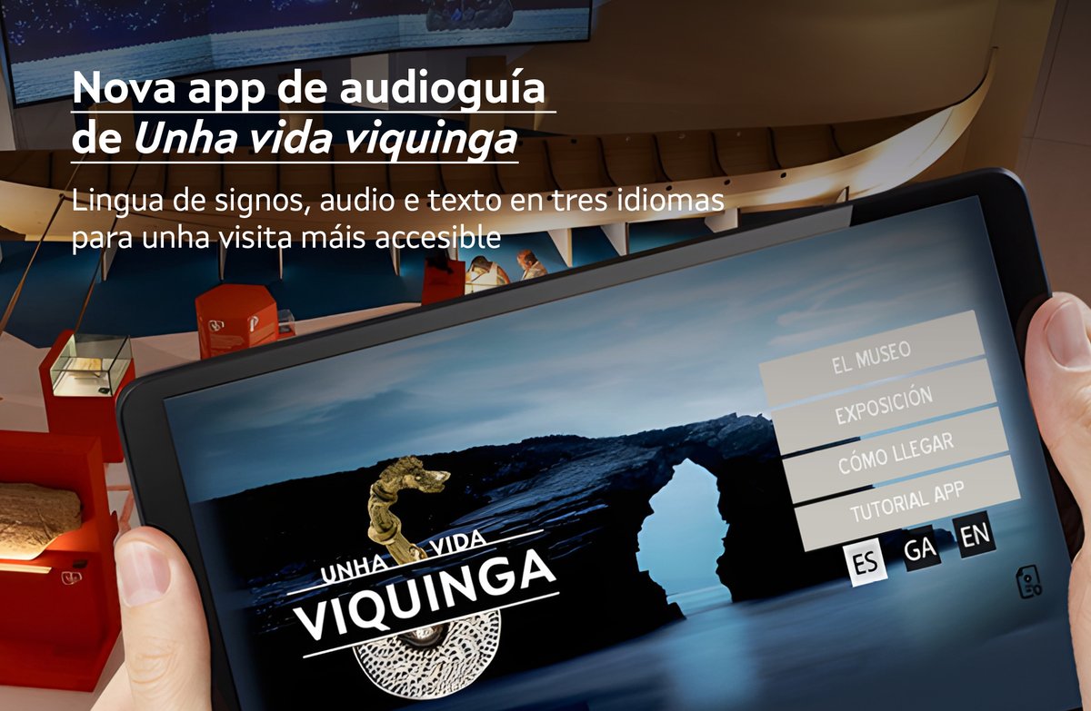 CidadedaCultura's tweet image. 🧏 Xa podes visitar a exposición #UnhaVidaViquinga dun xeito máis accesible cunha nova audioguía para dispositivos móbiles que inclúe, ademais de audios e texto en tres idiomas, unha modalidade en #LinguadeSignos. Descárgaa aquí👇
🦻 bit.ly/audioguia-unha…
@Xunta @CulturaXunta