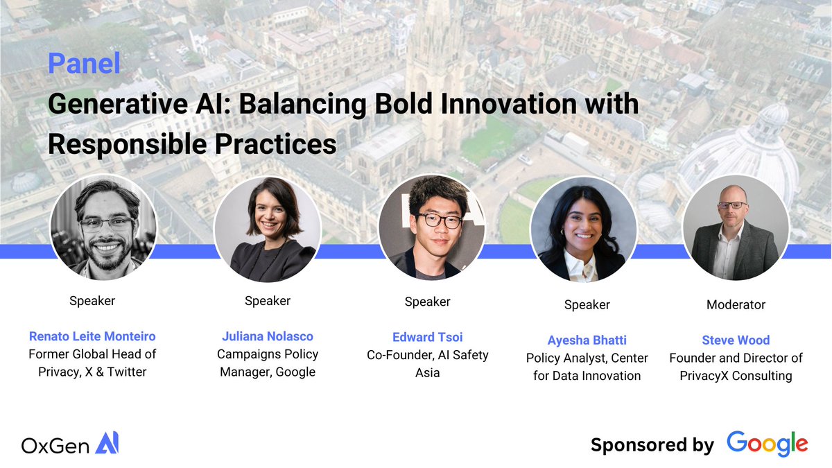 Oxford Generative AI Summit (@oxgenai) on Twitter photo Join us at next week's <a href="/OxGenAI/">Oxford Generative AI Summit</a> Summit for a critical panel sponsored by <a href="/Google/">Google</a> on the delicate balance between fostering bold innovation in generative AI and ensuring its responsible development and deployment.
The panel features the following industry and multi-stakeholder Join us at next week's <a href="/OxGenAI/">Oxford Generative AI Summit</a> Summit for a critical panel sponsored by <a href="/Google/">Google</a> on the delicate balance between fostering bold innovation in generative AI and ensuring its responsible development and deployment.
The panel features the following industry and multi-stakeholder