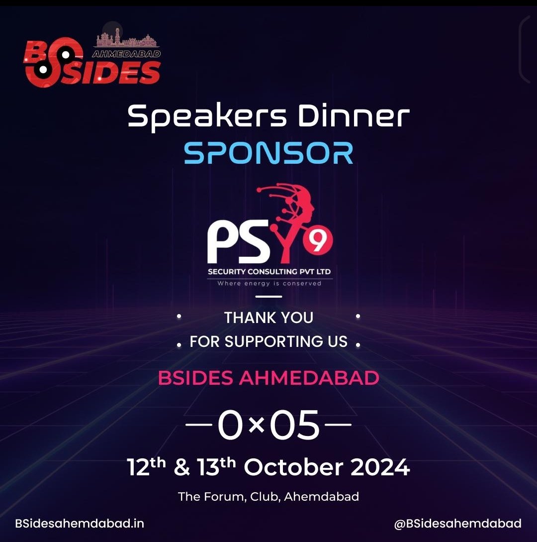 Security BSides Ahmedabad (@bsidesahmedabad) on Twitter photo Weโre excited to announce that <a href="/PSY9Security/">PSY9 Security</a> is sponsoring an exclusive speaker dinner at BSides Ahmedabad! This is a fantastic opportunity to network with industry leaders, share insights, and enjoy a great evening with fellow cybersecurity enthusiasts.
Donโt miss the chance to Weโre excited to announce that <a href="/PSY9Security/">PSY9 Security</a> is sponsoring an exclusive speaker dinner at BSides Ahmedabad! This is a fantastic opportunity to network with industry leaders, share insights, and enjoy a great evening with fellow cybersecurity enthusiasts.
Donโt miss the chance to