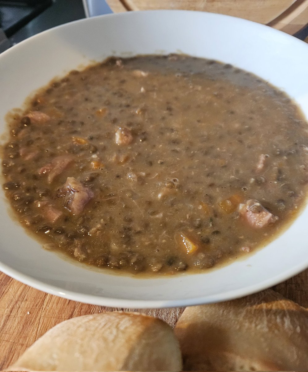 Split green pea and ham hough soup. It's delicious even if the colour is mud like. I like mine peppery too. Some left for tomorrow dinner.