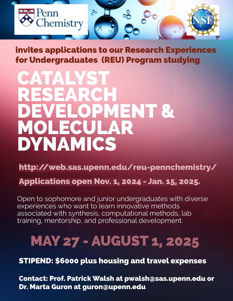 PennChemREU (@pennchmreu) on Twitter photo Applications open on Nov 1 for the 2025 <a href="/PennChemistry/">Penn Chemistry</a> REU program! Sophomores and juniors interested in pursuing graduate school in Chemistry and getting experience and professional development in catalysis and molecular dynamics are encouraged to apply: web.sas.upenn.edu/reu-pennchemis… Applications open on Nov 1 for the 2025 <a href="/PennChemistry/">Penn Chemistry</a> REU program! Sophomores and juniors interested in pursuing graduate school in Chemistry and getting experience and professional development in catalysis and molecular dynamics are encouraged to apply: web.sas.upenn.edu/reu-pennchemis…