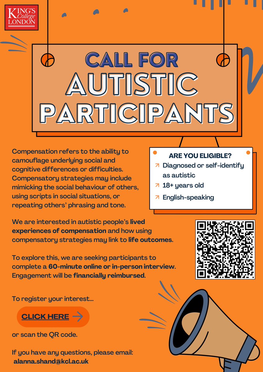🚨CALL FOR INTERVIEWEES🚨

Do you self-identify as #autistic, or have you received an #autism diagnosis?

We're looking for English-speaking #ActuallyAutistic  adults to take part in our #AutismResearch. 

If you're interested, express your interest here: forms.office.com/e/wDSFaBTPKK