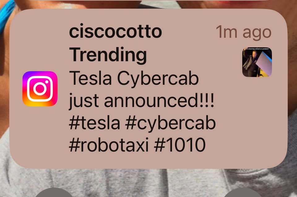 I read a story on the radio about <a href="/elonmusk/">Elon Musk</a> announcing the Cybercab and 60 seconds later Instagram sent me this push notification. Meta is always listening!