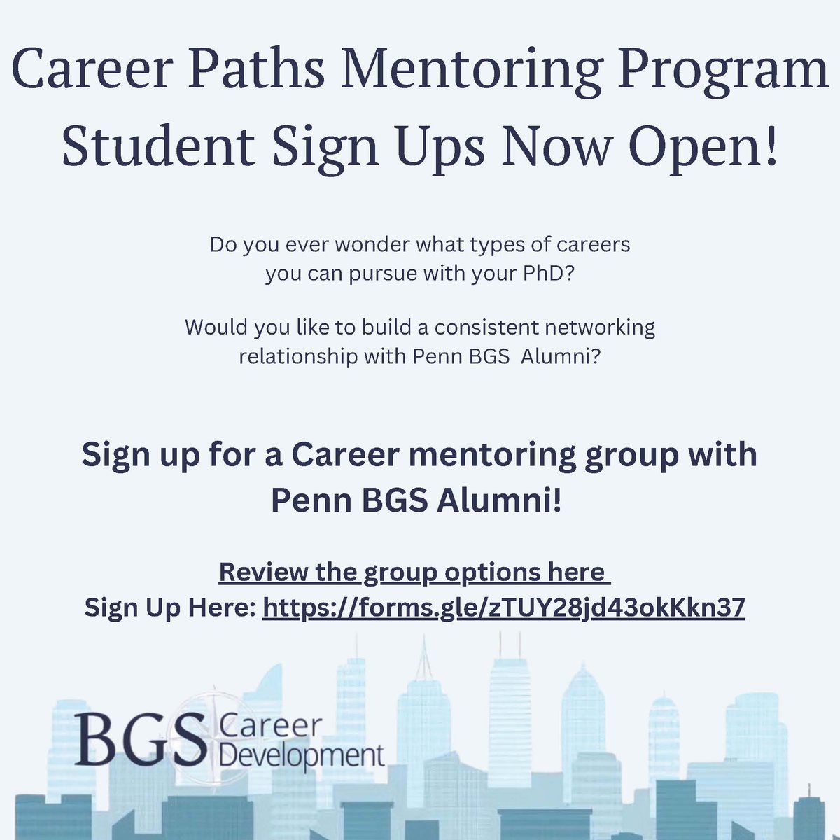CPMP is a 6-month long mentoring program that connects BGS students with alumni from diverse career paths. Student sign ups are now open! Visit our site to learn more: med.upenn.edu/bgs/career-pat…