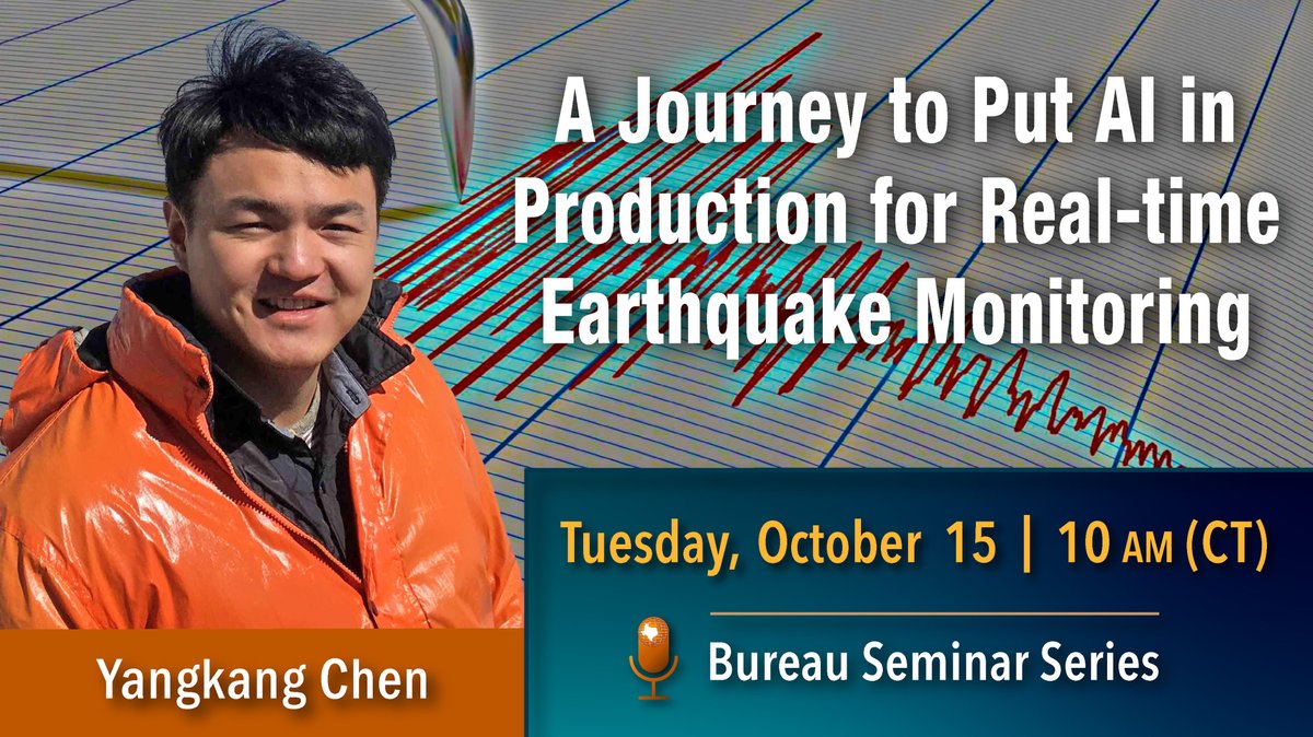 Bureau3E's tweet image. Bureau Seminar Series: Please join us Tues, 10/15, at 10am CT for a presentation by Join us as @YChen09442460 , Research Assistant Professor here at the Bureau, presents: 
&quot;A Journey to Put AI in Production for Real-time Earthquake Monitoring&quot;

Details: bit.ly/AI-for-EQ-moni…