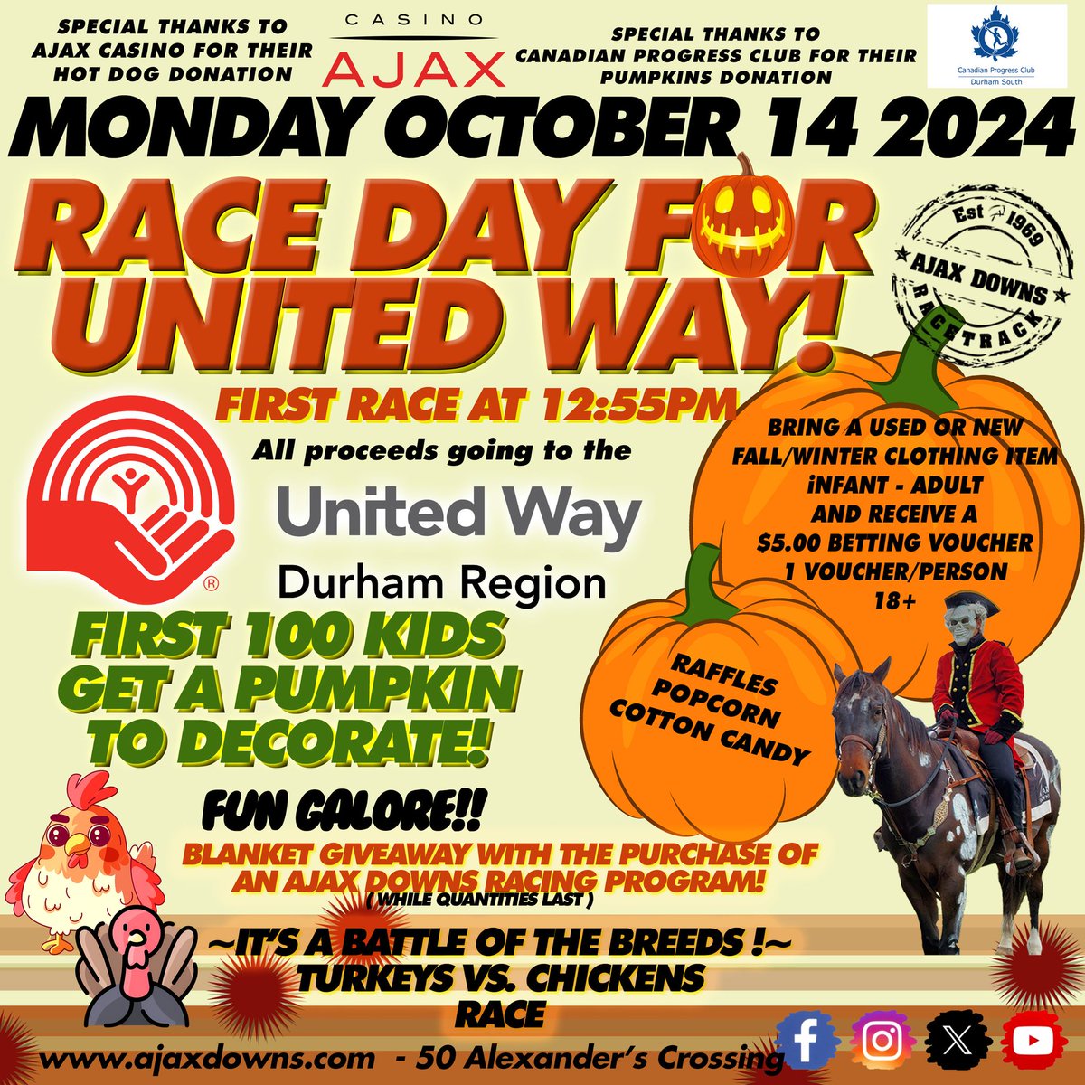 be there!! <a href="/HPIbet/">HPIbet</a> <a href="/ONTRacing/">Ontario Racing</a> <a href="/TownOfAjax/">Town of Ajax</a> <a href="/UnitedWayDurham/">United Way Durham Region</a>  Leaf tickets The Lion King tickets, tons of raffle prizes plus the ONTARIO SIRES STAKES DERBY! <a href="/AjaxDowns/">Ajax Downs</a> <a href="/WoodbineTB/">Woodbine Racetrack</a>