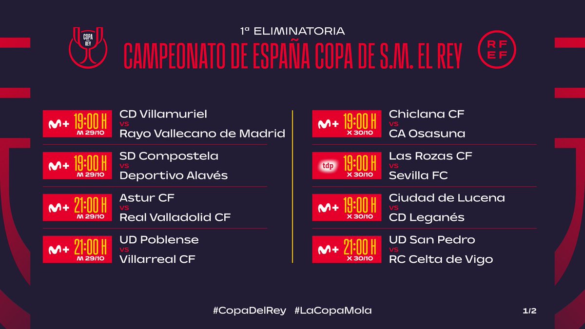 rfef's tweet photo. 🏆👑⚽

📺 Horarios y televisiones de los cruces de #CopaDelRey con equipos de Primera División involucrados

⏰ El resto de horarios de la primera ronda copera se darán a conocer en los próximos días.

🔗 https://t.co/YAI9r2Do9C

#LaCopaMola https://t.co/y291Dbdt1E