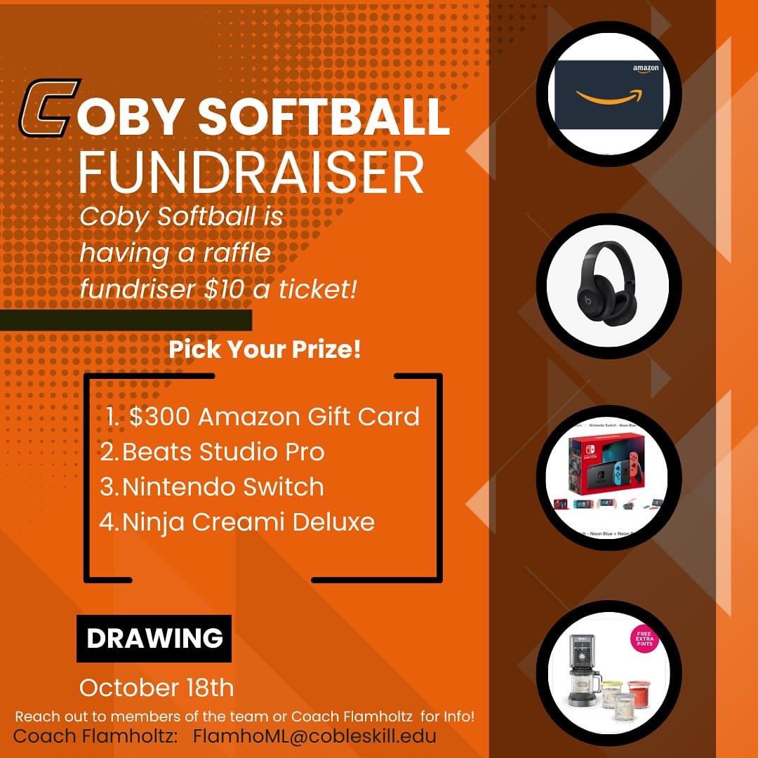 SUNY Cobleskill Softball (@cobleskillsb) on Twitter photo Fall pick your prize raffle! If you are our lucky winner, you get to choose one of the four prizes. Reach out to the Coby Softball team to buy a ticket! 🥎 Fall pick your prize raffle! If you are our lucky winner, you get to choose one of the four prizes. Reach out to the Coby Softball team to buy a ticket! 🥎