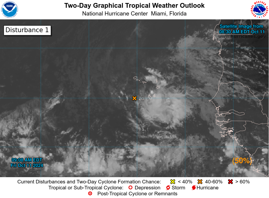 NHC_Atlantic's tweet photo. 9:10 am EDT/12:10 pm CVT 11 Oct: Winds to tropical storm force are occurring near the Cabo Verde Islands in association with an elongated area of low pressure. Shower activity is currently disorganized, but a short-lived tropical storm could form today before conditions become less favorable.

Winds to tropical storm force and areas of heavy rain will likely continue over portions of the Cabo Verde Islands through tonight.

https://t.co/GzH6jjYcoV
