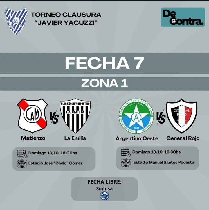 ContraSn24627's tweet photo. FECHA 7 - Torneo clausura "Javier yacuzzi" 🏆

⚽Hoy arranca una nueva jornada del fútbol Nicoleño. En el Prado, Regatas recibe a 12 en la apertura de la séptima fecha.
🔥El Domingo se jugará el clásico de Ramallo. https://t.co/ZKZFCScl3L
