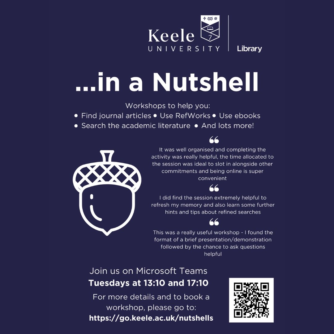This week, your Library's online Nutshells workshops will help you find journal articles using Library Search at 12:10 and at 17:10, show you how to evaluate the reliability of your search results.

Book your place:

keele.ac.uk/library/events

Or via the Keele app.