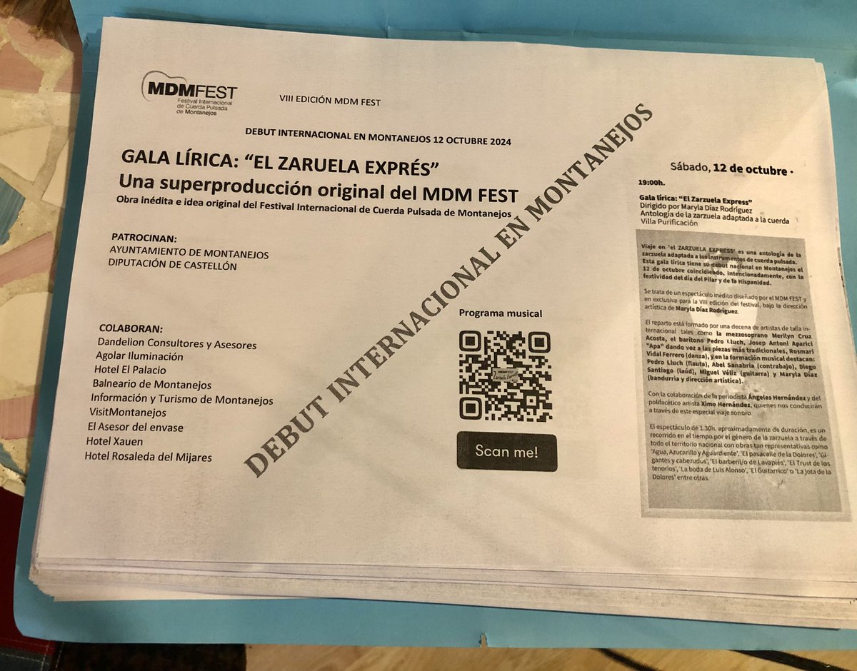 Mañana 12 de octubre debut por partida doble en el recién testaurado teatro 🎭 de la Casa pa Cultura de Montanejos (Castellón) al que levantaremos mañana el telón con nuestra súper producción “El Zarzuela Expréss”, obra inédita e idea original del MDMFEST