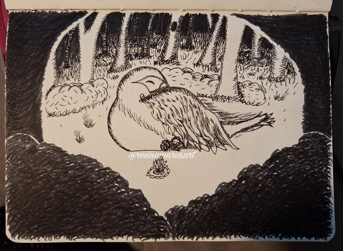 RosinaMariaArt's tweet photo. #inkober Day 10: Nomadic 

My player with his opila roc, Ganon the boar and Bob the bucket taking a long rest on the roadside.

Prompt lists of
@inktober 
#inktober2024 #Artober24 #drawing #drawingart #INK #DnD #dnd5e #dndart #bird #blackandwhite #sleeping https://t.co/JxnIiRnXHP