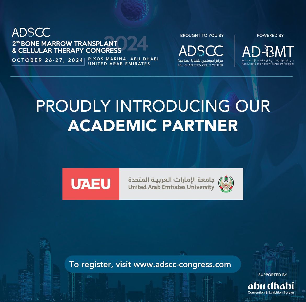 We are thrilled to announce our academic partner, <a href="/UAEU_NEWS/">جامعة الإمارات العربية المتحدة</a> , for the 2nd ADSCC Bone Marrow Transplant &amp; Cellular Therapy Congress 2024!

Join us for this global event on October 26-27 at Rixos Marina #Abu Dhabi.

Register now - link below.

sprintexpo.eventsair.com/bmtct2024/regi…