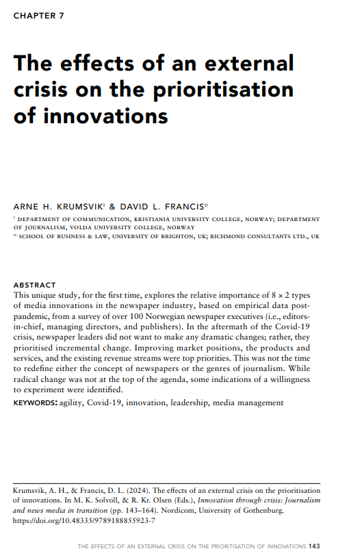 In chapter seven, you can read about a study that examines the importance of eight types of media innovations in the newspaper industry, based on post-pandemic data from over 100 Norwegian newspaper executives.

Read more: lnkd.in/dASCg98W