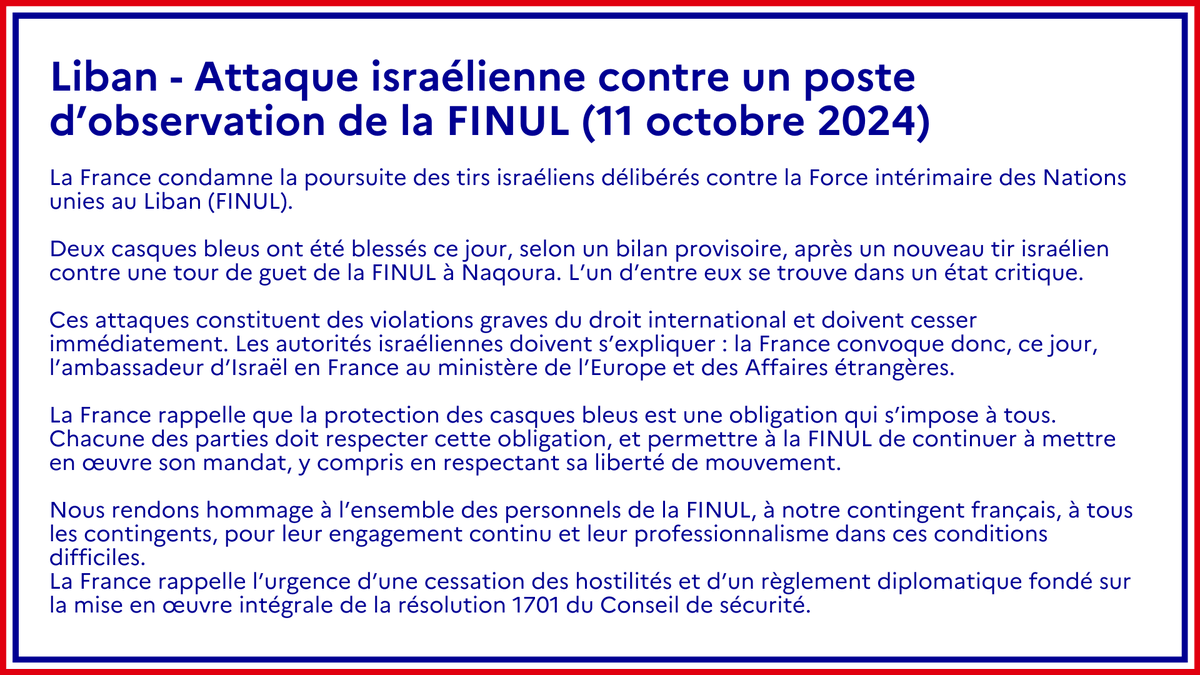 francediplo's tweet photo. #Liban｜Attaque israélienne contre un poste d’observation de la #FINUL (11 octobre 2024).

Déclaration intégrale ➡️https://t.co/TUC3naHtw8 https://t.co/5PYHfhcz9R