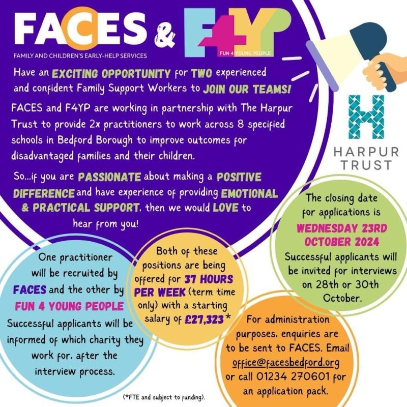 Delighted to fund 2 family support workers across 8 schools, as part of our work with local primary schools to help with educational outcomes. They will play a vital role in helping parents support their children's learning. Email office@facesbedford.org for an application pack.