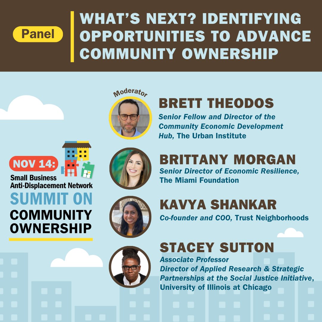 Our Summit on Community Ownership is coming up in one month! We are thrilled to announce a newly confirmed panel led by moderator, Brett Theodos, Senior Fellow and Director of the Community Economic Development Hub at the Urban Institute. REGISTER: antidisplacement.org/2024-summit/