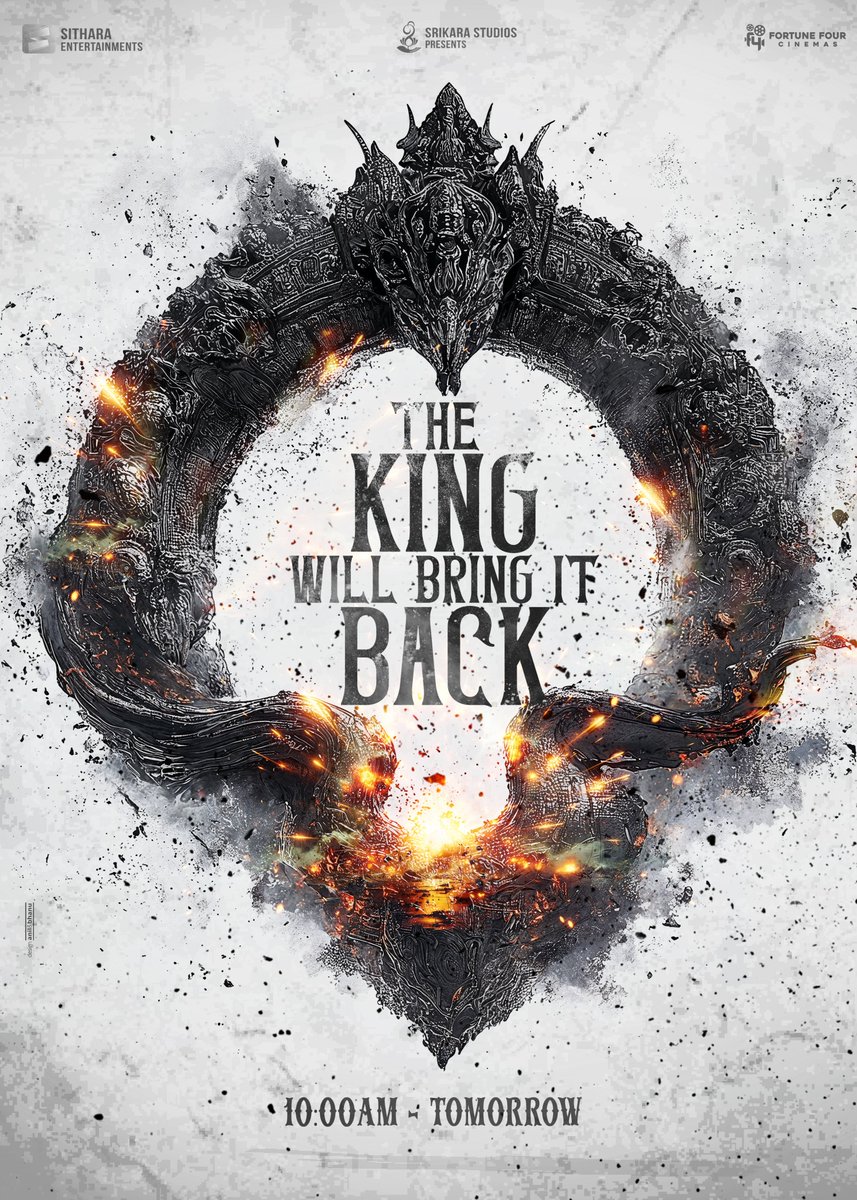 This Vijayadashami, brace yourselves to join us on the most iconic and historic mission EVER! 🔥

10:00 AM, TOMORROW! Stay tuned! 💥

<a href="/SitharaEnts/">Sithara Entertainments</a> <a href="/Fortune4Cinemas/">Fortune Four Cinemas</a> #SrikaraStudios