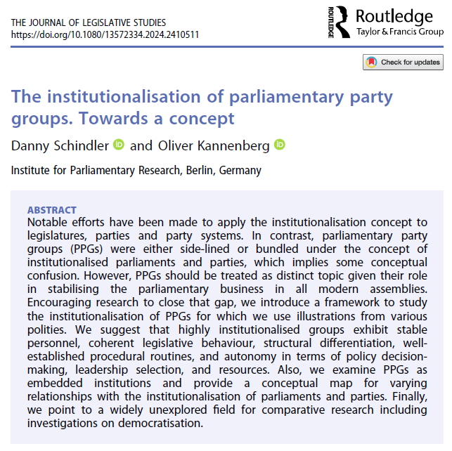 When can a parliamentary party group (PPG) be said to be institutionalised? In our new article (#JLS), <a href="/oliver_kbg/">Oliver Kannenberg</a> &amp; I present the first framework to study PPG institutionalisation around the globe. 🌍 It includes examples &amp; proposals for measurement 👇 t1p.de/y4fjk