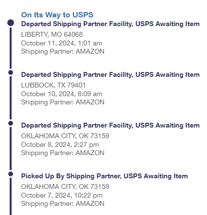 cg77_'s tweet photo. @amazon This is the stupidest thing I've ever seen.  Its going to Tulsa, OK... and it goes from OKC to TX to MO..... then what back to Tulsa today and then delivery tomorrow? And don't gimme this oh it USPS's issue, no its not they don't normally send out stuff 2 states away https://t.co/zFrkKtdg1T