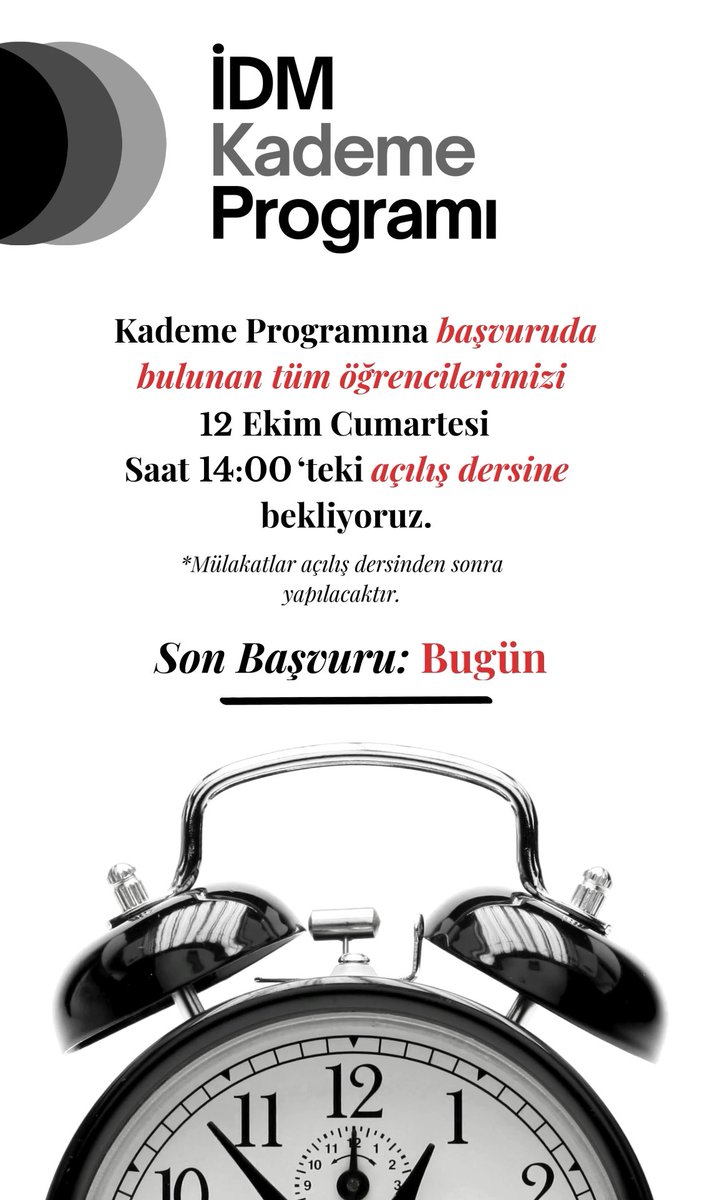 İDM Kademe Programı başvuruları bugün bitiyor. Başvuruda bulunan tüm öğrencilerimizi açılış dersine bekliyoruz.