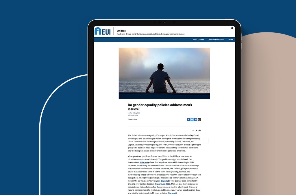 European University Institute (@eui_eu) on Twitter photo 🔎 Do gender equality policies address men’s issues?
<a href="/gulczynskim/">Michał Gulczyński</a> <a href="/EUI_MWProgramme/">Max Weber Programme</a> <a href="/eui_sps/">Political and Social Sciences at EUI</a> sheds light on those issues, on gaps of gendered policies in relation to men & calls for a gender strategy that addresses both women’s and men’s issues.
#EUIdeas: loom.ly/RaN82LQ 🔎 Do gender equality policies address men’s issues?
<a href="/gulczynskim/">Michał Gulczyński</a> <a href="/EUI_MWProgramme/">Max Weber Programme</a> <a href="/eui_sps/">Political and Social Sciences at EUI</a> sheds light on those issues, on gaps of gendered policies in relation to men & calls for a gender strategy that addresses both women’s and men’s issues.
#EUIdeas: loom.ly/RaN82LQ
