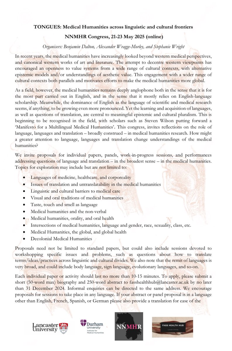 Benjamin Dalton (@benbgdalton) on Twitter photo Very excited to launch the CfP for the 2025 <a href="/NNMHRmed/">Northern Network for Medical Humanities Research</a> Congress: “TONGUES: Medical Humanities across linguistic and cultural frontiers” 🚨🚨🚨 <a href="/DrStevenWilson/">Steven Wilson</a> called for a multilingual medical humanities, and we’re answering that call! Abstracts for papers in any language welcome! Very excited to launch the CfP for the 2025 <a href="/NNMHRmed/">Northern Network for Medical Humanities Research</a> Congress: “TONGUES: Medical Humanities across linguistic and cultural frontiers” 🚨🚨🚨 <a href="/DrStevenWilson/">Steven Wilson</a> called for a multilingual medical humanities, and we’re answering that call! Abstracts for papers in any language welcome!