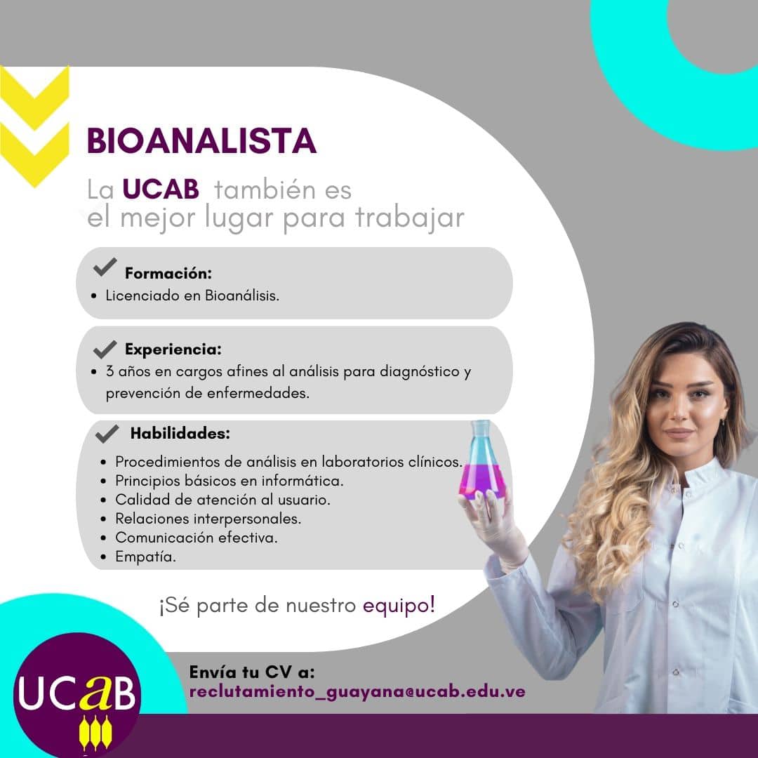 UcabGuayana's tweet photo. Estamos en búsqueda de talentos en el área de la salud⚕️

Si eres técnico radiólogo, asistente de laboratorio o bioanalistas, la UCAB también puede ser tu lugar.

Revisa los requisitos⬇️ y envía tu CV a reclutamiento_guayana@ucab.edu.ve📩 https://t.co/VxtjkQSW7f