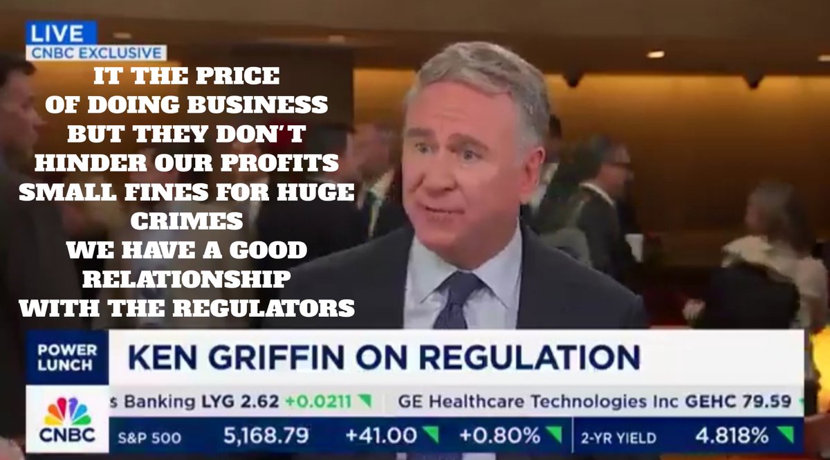 When asked #KenGriffin of <a href="/citsecurities/">Citadel Securities</a> shares his thoughts on regulations.
He explains it is the price of doing business but it doesn't hinder our profits. 
We have good working relationship with the regulators. In fact we employ most of them after they leave <a href="/SECGov/">U.S. Securities and Exchange Commission</a>  <a href="/FINRA/">FINRA</a>