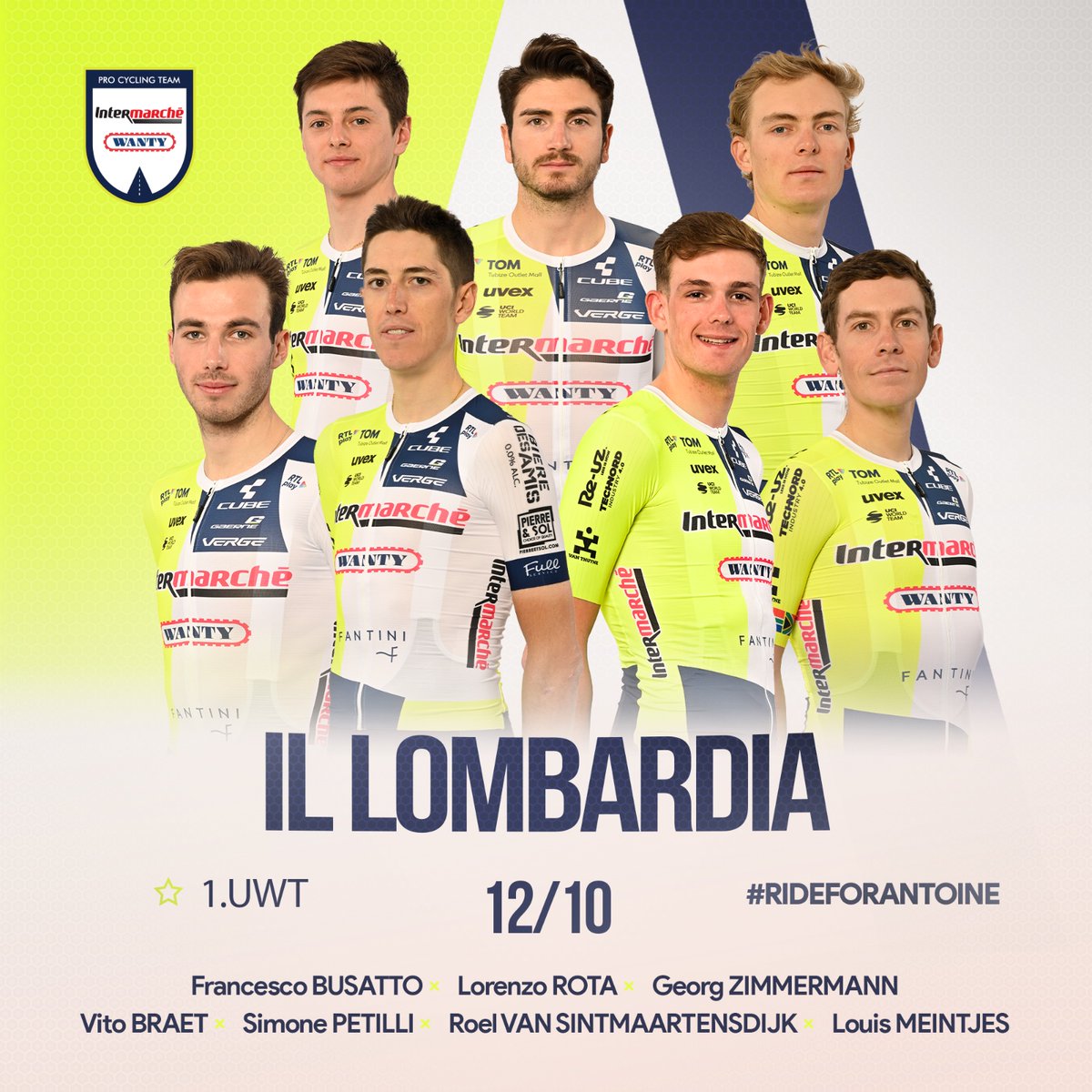 250 kilometers and 5000m elevation for the last Monument of the season 🍂 #ILombardia

🇧🇪 Vito Braet
🇮🇹 Francesco Busatto
🇿🇦 Louis Meintjes
🇮🇹 Simone Petilli
🇮🇹 Lorenzo Rota
🇳🇱 Roel van Sintmaartensdijk
🇩🇪 Georg Zimmermann