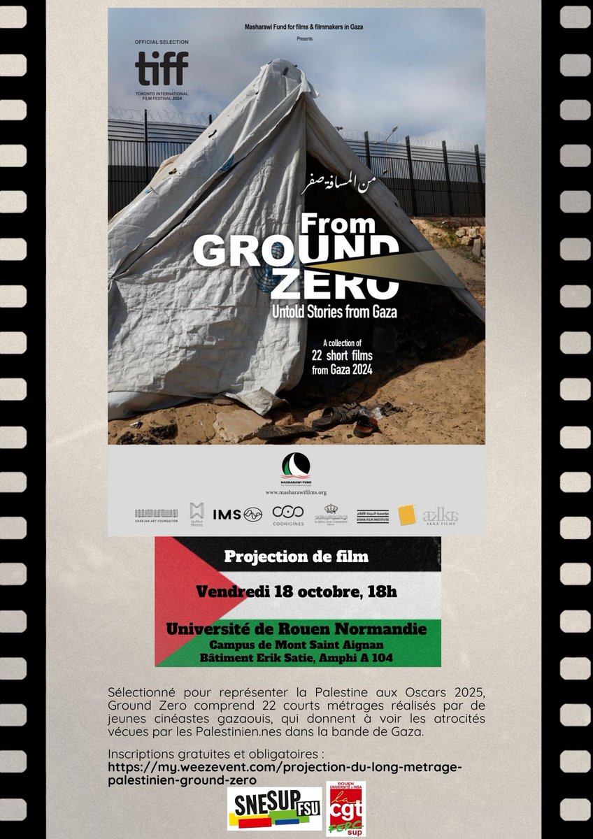 Le film From Ground zero sera diffusé à l'Université de Rouen Normandie (Campus de Mont Saint Aignan, Bâtiment Erik Satie, amphi A104), vendredi 18 octobre 2024 de 18h à 20h. ​​​​
Inscriptions gratuites et obligatoires : my.weezevent.com/projection-du-… 
Ouvert à tout-es.