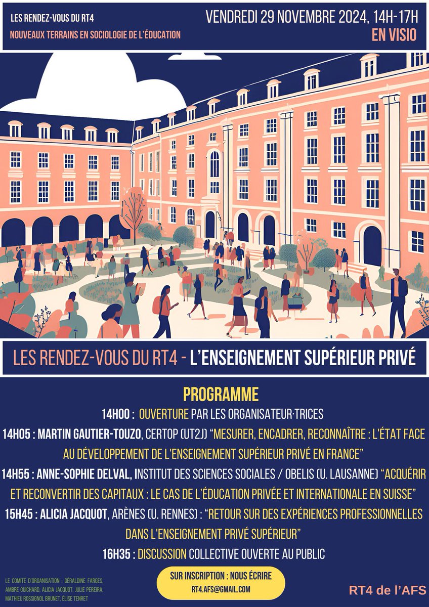 Les rendez-vous du RT4 sont de retour avec un webinaire sur l’enseignement supérieur privé 👀

Nous espérons vous y retrouver nombreuses et nombreux ! 

📅 Vendredi 29 novembre
🕘 14h-17h
🧑‍💻 En visioconférence (sur inscription)