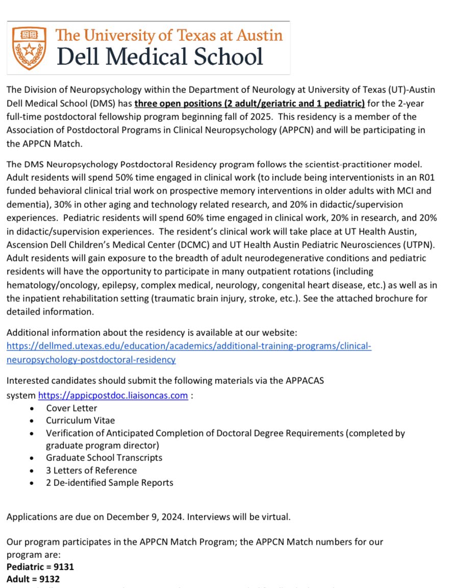 Hey #neuropsychtwitter interested in a neuropsych post doc with an emphasis on tech and aging?  Want clinical and research training in Austin?  I’m taking two fellows this cycle so please get in touch if interested!