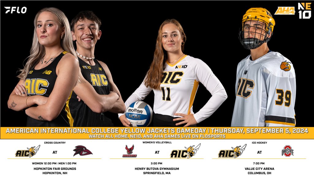 Run, jump, and skate into a big weekend:
@aicxctf at the Bruce Kirsh Cup
@aicvb hosts Roberts Wesleyan
@aic_hockey at Ohio State in our 2000th game!

Watch volleyball LIVE on @FloSports and hockey on the Big Ten Network.

#AICommitted #NE10Embrace