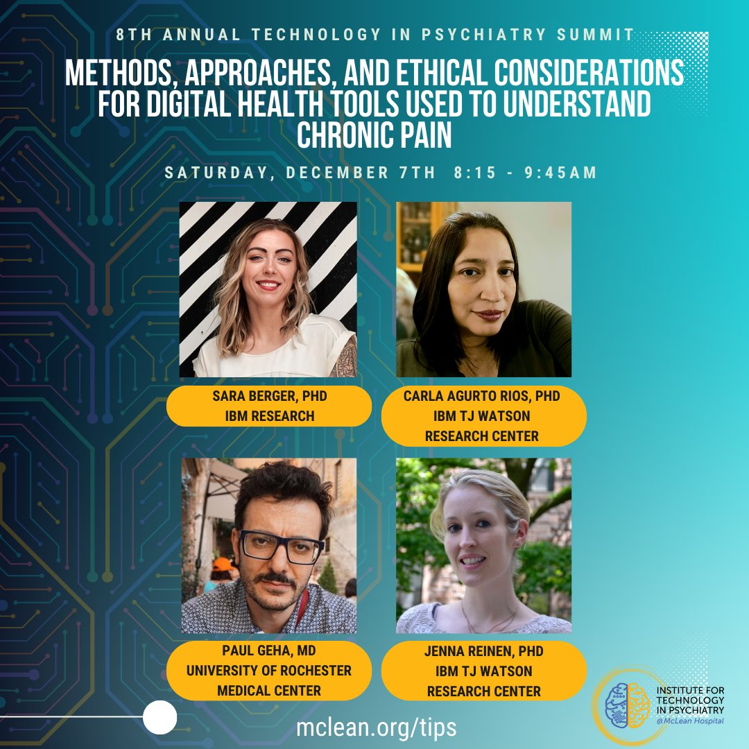 tech_in_psych's tweet image. Looking forward to this symposium @ #TIPS2024 on Dec 7th! Tackling chronic pain complexities, experts will explore how AI, digital sensors, and NLP can revolutionize pain assessment. Join us to see how tech is shaping pain research. techinpsych.org
@Geha_Paul @jennareinen