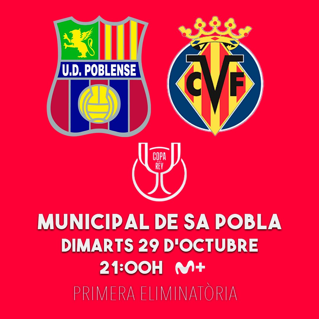 udpoblense's tweet photo. Ja tenim dia i hora per la primera eliminatòria de la #CopaDelRei 🏆

🗓️ Dimarts 29 a les 21:00h 
🆚 @VillarrealCF 
🏆 Primera eliminatòria | #CopaDelRey 

#OrgullPobler #FeimHistòria https://t.co/A0wE1JXxxI