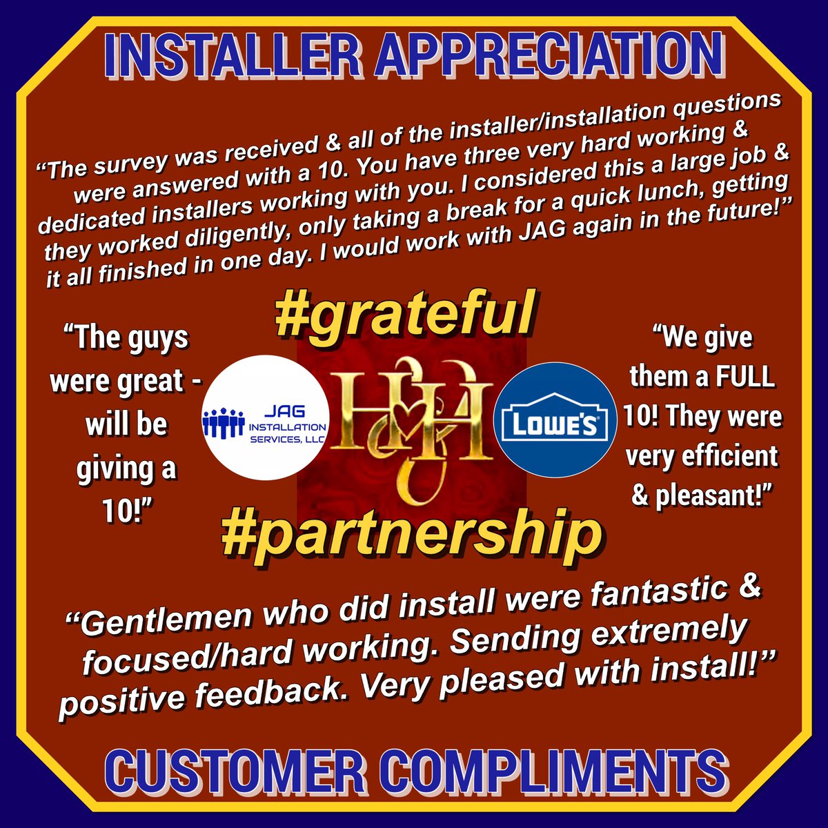 “Heart power is stronger than horsepower.”#HenryHeinz #hbd

Our #heartandhustle continues to power us to #success! JAG’s #master #installers #skills are unrivaled as shown by our #happycustomers constant flattery. Our #teams are rock solid!