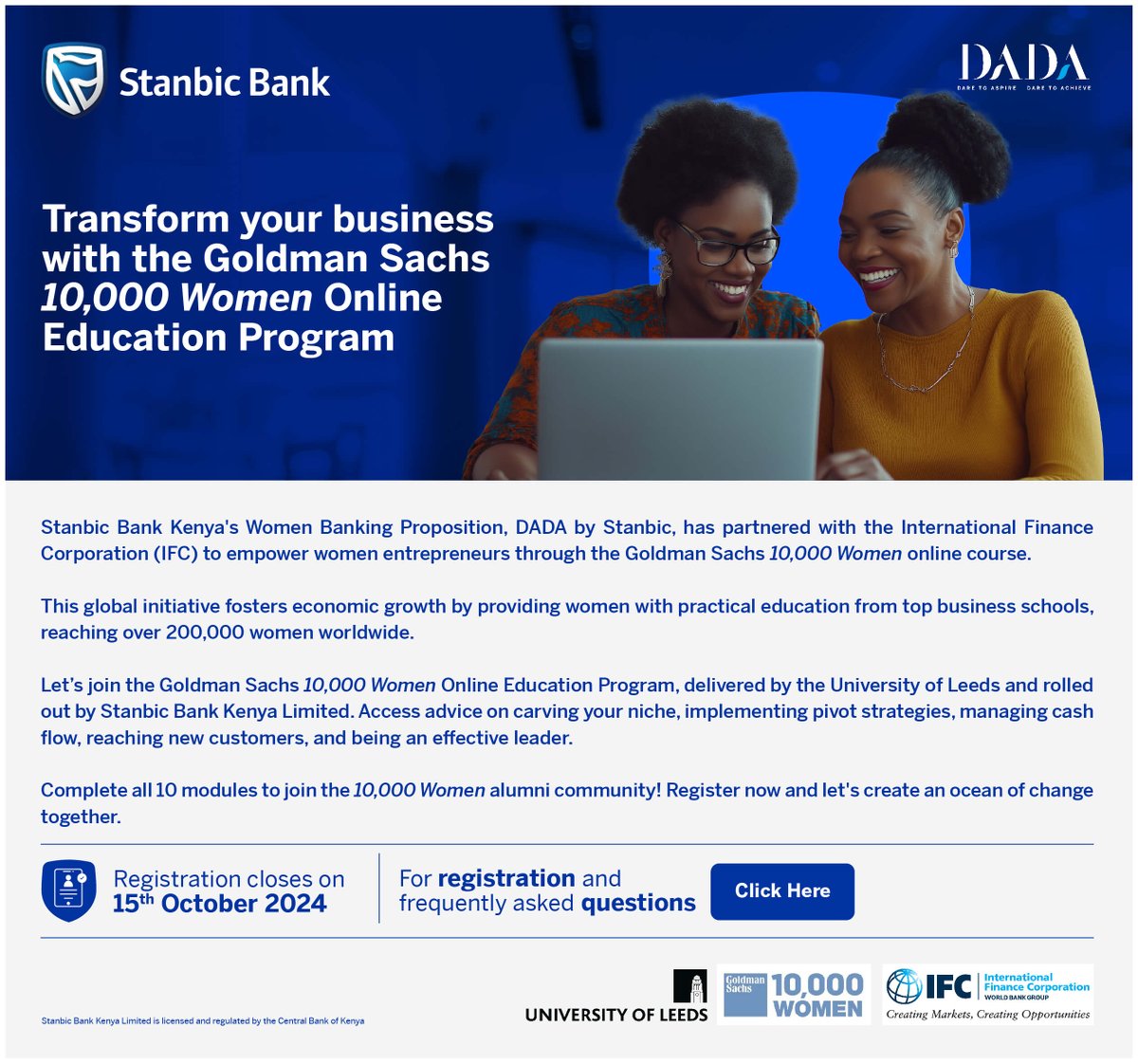 Join the Goldman Sachs 10,000 Women Online Program with DADA by Stanbic &amp; <a href="/IFC_org/">IFC</a>! Boost your business skills and connect with women entrepreneurs globally.
Register by Oct 15, 2024: mailchi.mp/10000womencour…
#DADAbyStanbic #WomenInBusiness