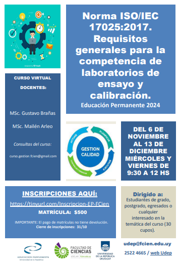 eduperfcien's tweet photo. Estimad@s,  Están abiertas las inscripciones para la pasantía  EP "Norma ISO/IEC 17025:2017. Requisitos generales para la competencia de laboratorios de ensayo y  calibración".  INSCRIPCIONES: https://t.co/0op32MVTkX .
hasta el 31 de octubre. Matrícula: $500. Adjuntamos más info. https://t.co/Pgiz11Pq6l