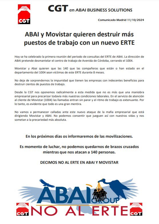 Abai y Movistar queiren destruir más puestos de trabajo.

#NOALERTE