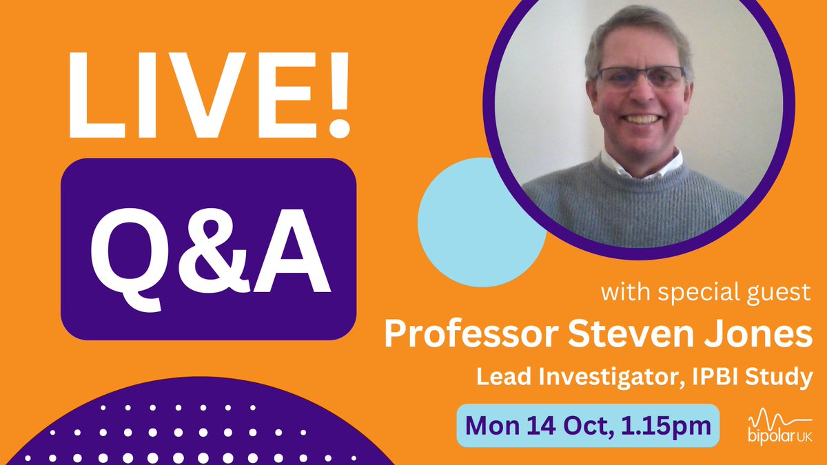 BipolarUK's tweet image. 🌟 eCommunity Q&amp;amp;A 🌟

Introducing our next special guest for October's eCommunity Q&amp;amp;A...

Professor Steven Jones is joining us from Lancaster University and is the Lead Investigator for the IBPI Study. He will be discussing, and answering questions about, the IBPI study,…
