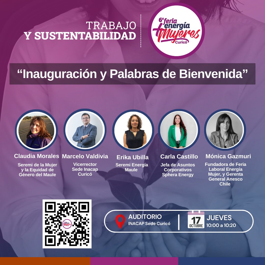 La Feria Laboral Energía + Mujer 2024 iniciará sus actividades en Curicó el día 17 de octubre. Ve acá el QR