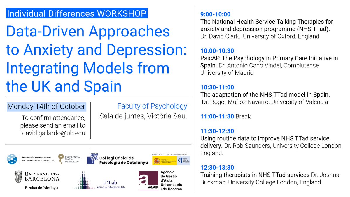 Jornada "Data-Driven approaches to anxiety and depression".
14/10 9h Facultat de Psicologia (Sala de Juntes)