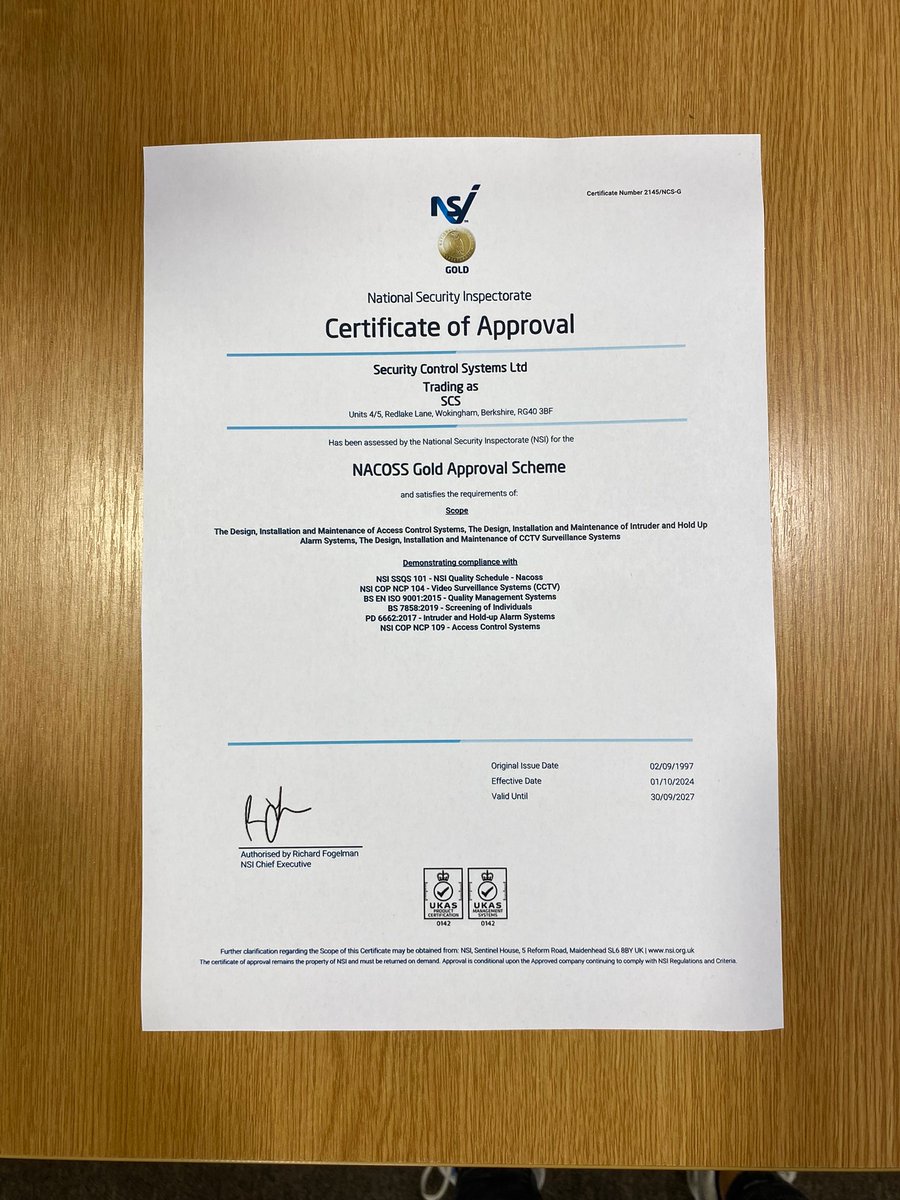 scssecure's tweet image. GOLD! We are pleased to announce that we have achieved the Gold Level @NSI_Approved hallmark of excellence for the next 3 years! Well done team! #securitystandards #gold #staysafe