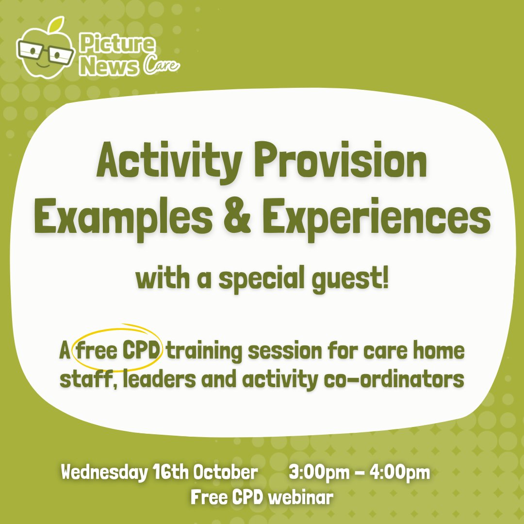 CarePicture's tweet photo. Secure your place - free CPD training for care home staff, leaders and activity co-ordinators!

Register here 👉 https://t.co/Q606LleAFo

Wednesday 16th October
3:00pm - 4:00pm
Zoom webinar https://t.co/2iyloYpJrK