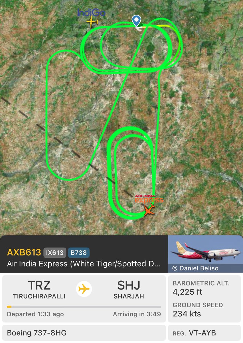 aerowanderer's tweet photo. An Air India Express🇮🇳B737-800 bound for Sharjah🇦🇪 from Tiruchirapalli🇮🇳 as IX613 has been making patters post departure from Trichy for more a than a hour &amp; a half probably to reduce fuel.

Reason for this is unknown

H/T @KSachin999 https://t.co/3RMuq3ceOJ