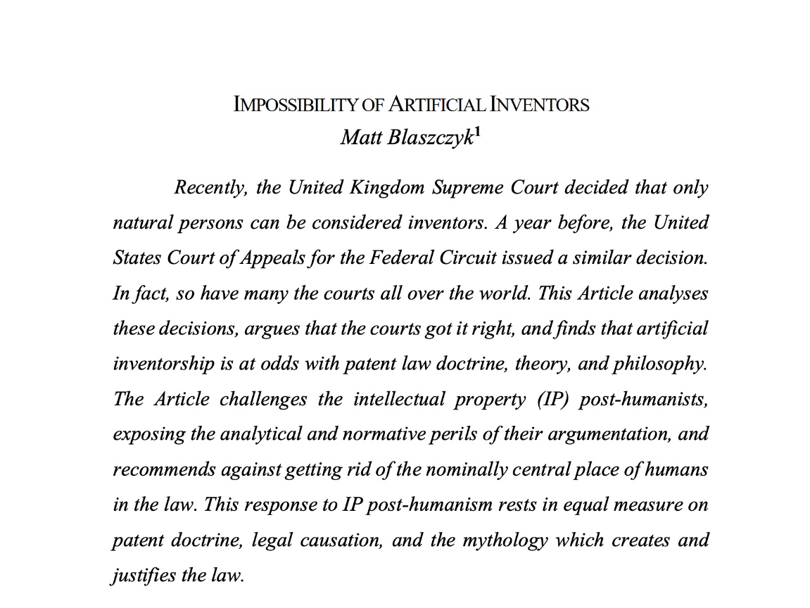 mmblaszczyk's tweet photo. My article on keeping patent law human-centred is out on @SSRN. Comparative IP law, legal history, and philosophy.
https://t.co/cPvEn3ymXs
@UMichLaw, @umichLAMP, @IPSANZ,@uclaw_sf HSTLJ, #IP, #patents, #DABUS, #Thaler. https://t.co/x8ysJvrCzj