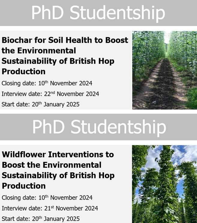 Two fully funded PhD studentships in British hops to boost the sustainability of this sector. 

Wildflower interventions: bit.ly/3U9sRDV
Biochar for soil health: bit.ly/3YhWIN1