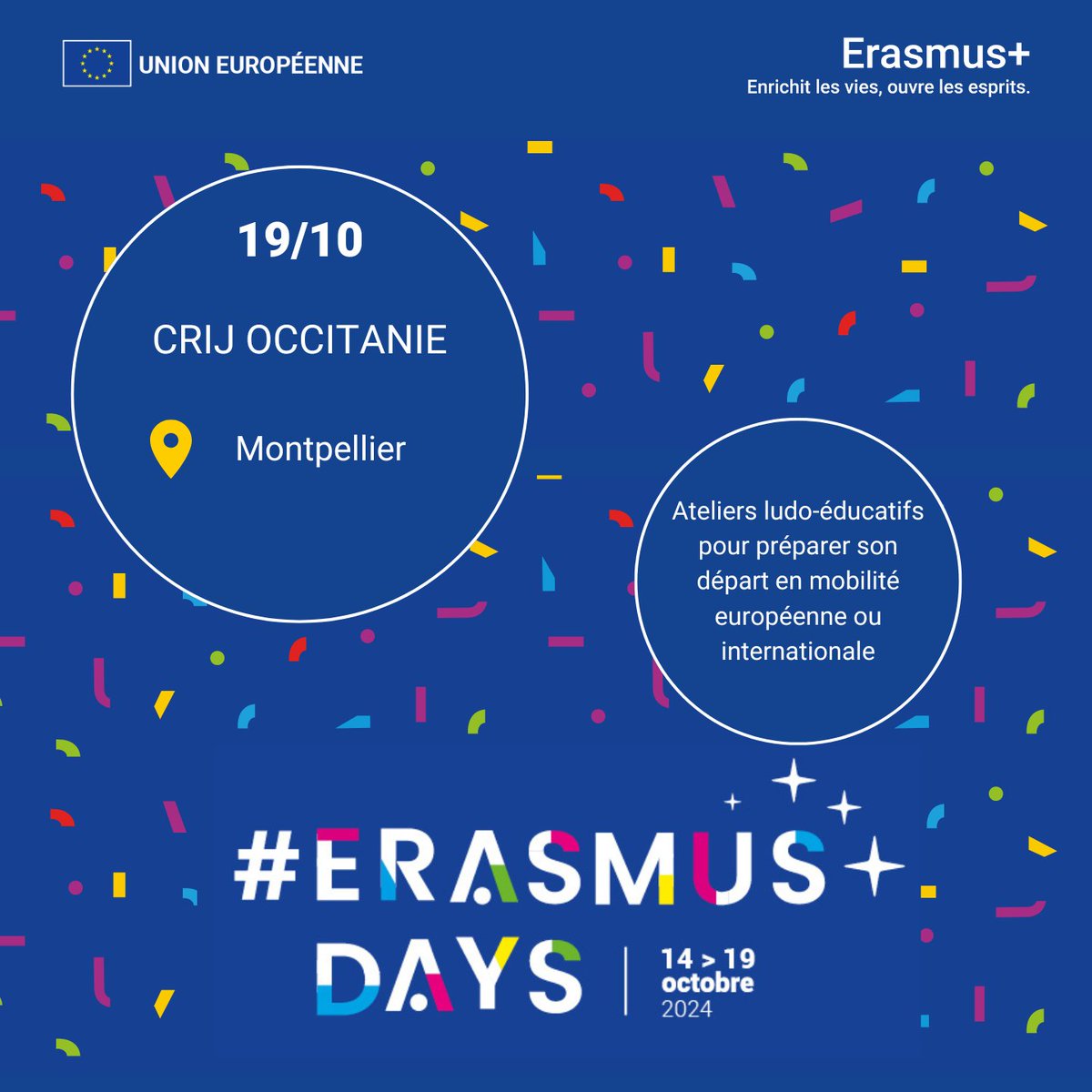 🥳 Les #Erasmusdays commencent aujourd'hui !

Jusqu'au 19 octobre, des événements sont organisés dans toute la France et à l'international, pour célébrer les projets et les opportunités proposés par le programme #Erasmusplus.

 👉 erasmusdays.eu/events/